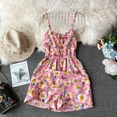 pinkbase yellowflowe ALPHALMODA, летний женский пляжный комбинезон с цветочным принтом, на шнуровке, на груди, эластичный сзади, без рукавов, повседневный короткий шифоновый комбинезон - Цвет: pinkbase yellowflowe
