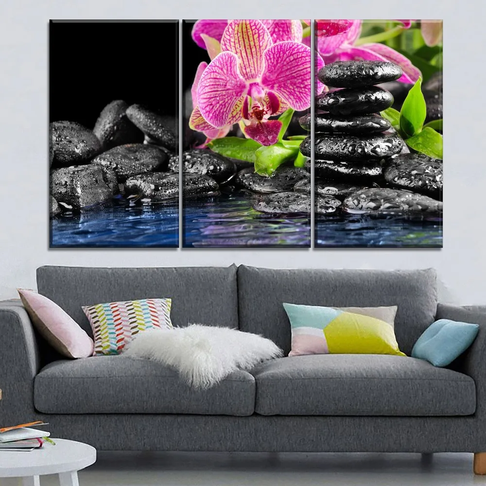 Modern Canvas Print Nature Purple Orchid And Zen Picture Living Room Wall Art Decor One Set 3 Piece Framed Or Frameless Painting | Дом и сад