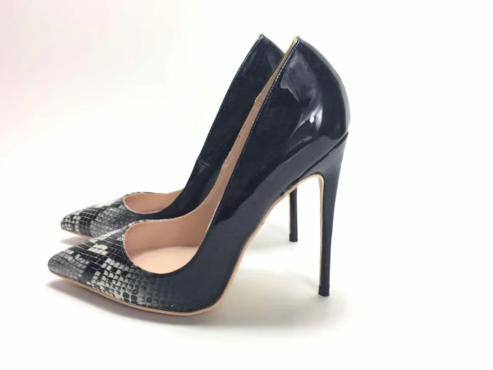 Новинка 2019 модные черные туфли из лакированной кожи питона с острым носком на