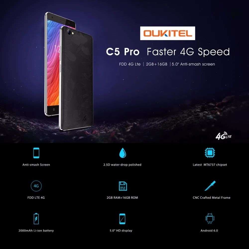 OUKITEL C5 Pro смартфон 5 0 дюймов Android 7 mtk6737 четыре ядра 1 3 ГГц 2 ГБ Оперативная память 16