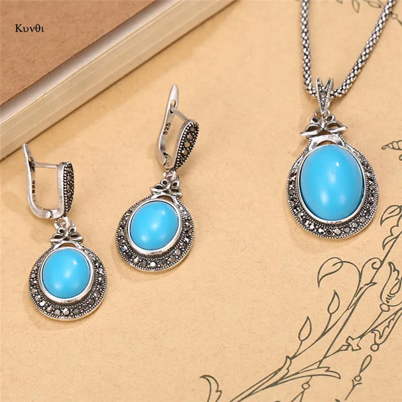 Vintage Sliver Plated Women Jewelry Sets Blue Natural Stone Drop Earring Pendent Necklace Retro Gift For Female | Украшения и
