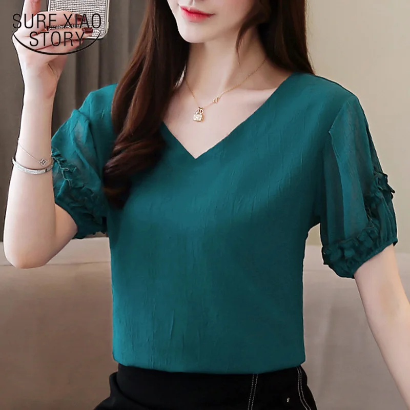 

с коротким рукавом Модные женские блузки 2019 женские рубашки V-enck шифоновая блузка женские летние блузки женские топы и блузки 3933 50