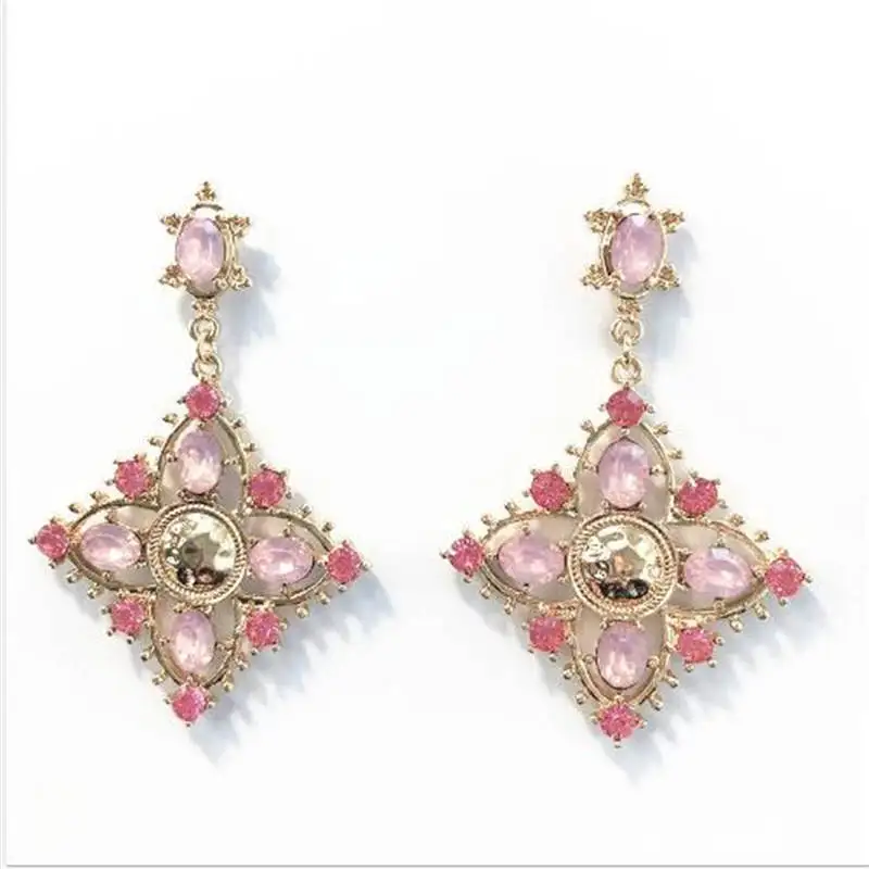 2021 Palace style retro pink stone 925 needle woman long Baroque earrings clip exaggerated slimming temperament brand new | Украшения и