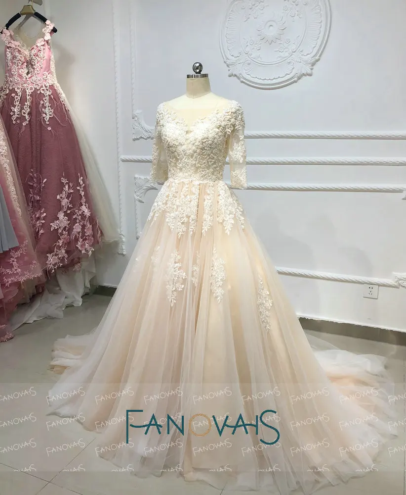 Champagne Wedding Dresses Long Sleeves Ball Gown Vintage Lace Gowns Vestido De Novia Plus Size Robe Mariee Pearls | Свадьбы и