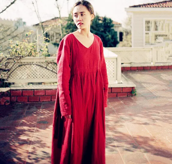 Женское платье с V образным вырезом Повседневное из хлопка и льна длинным рукавом