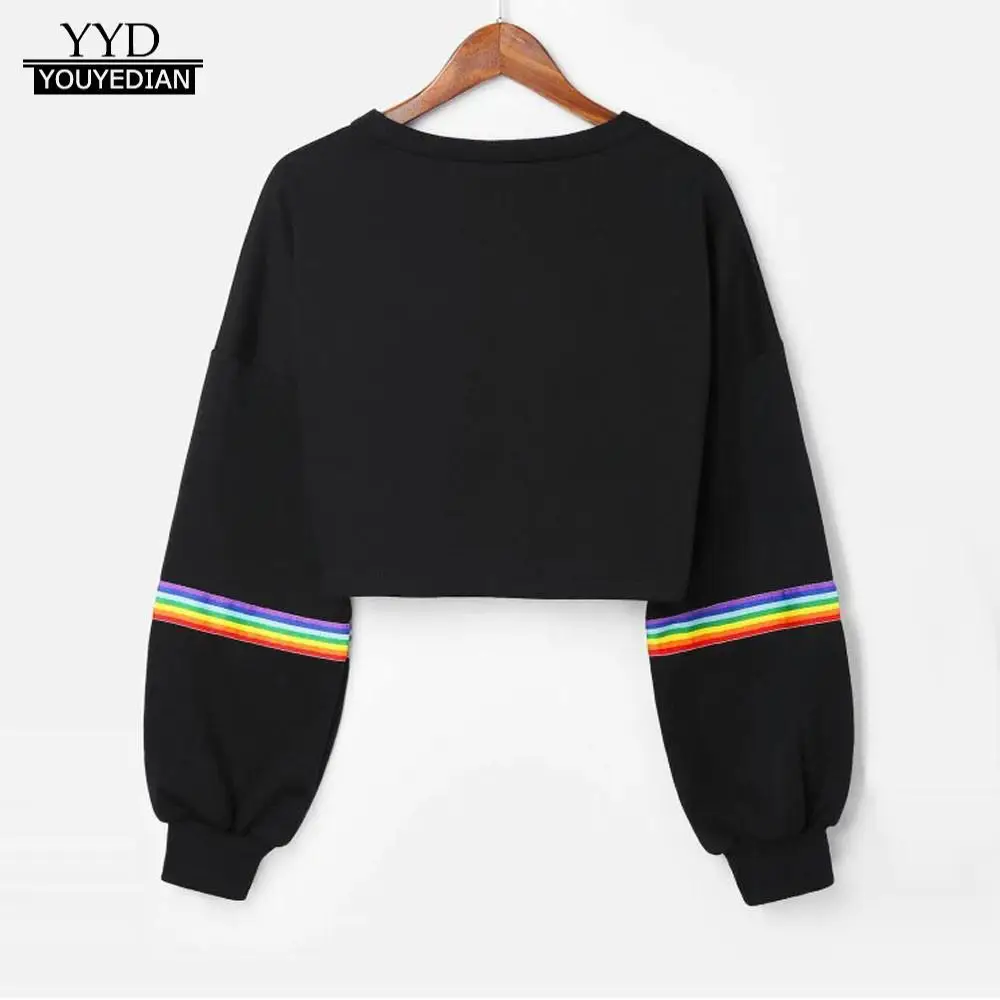 Женский Укороченный свитшот в полоску Moletom Rainbow черный пуловер с длинным рукавом