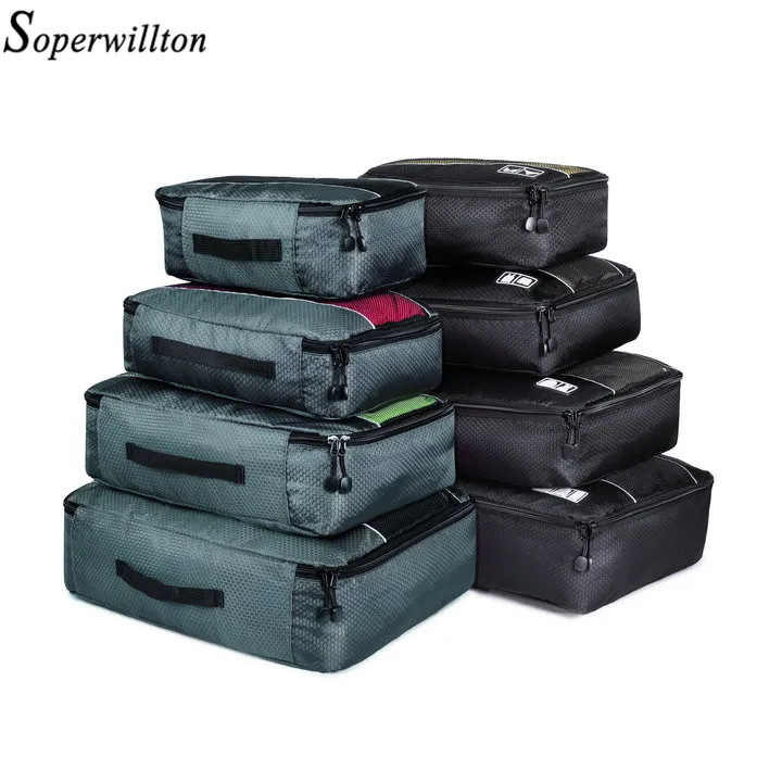 Soperwillton дорожные сумки Упаковка Кубики дорожные сумки набор 4 шт. 8 шт. дорожная сумка органайзер куб сумка упаковка одежда - Цвет: 4 Gray 4 Black