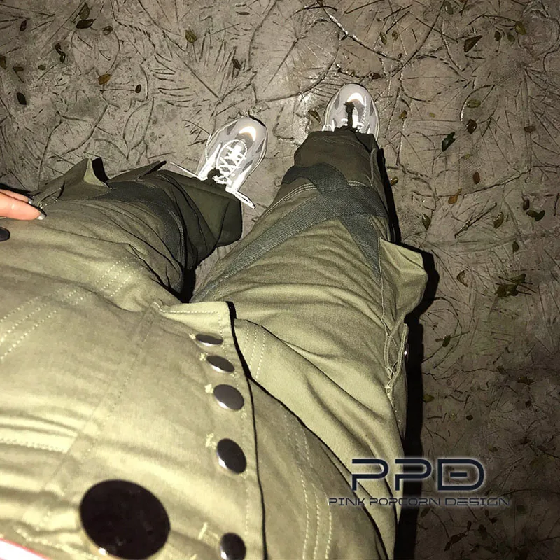 Вымытые ленты сплайсинга карман военные брюки Drawstring талия повседневные брюки