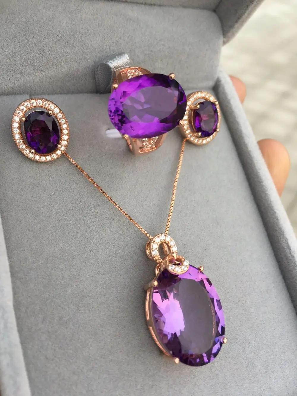Аметист три набора Кольцо Кулон Серебро 925 инкрустированные 18k розовое золото