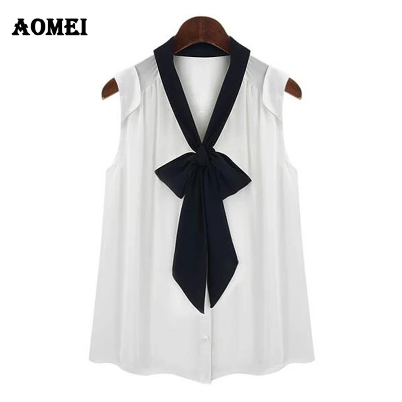 Женская шифоновая блузка без рукавов с V-образным вырезом и бантом спереди |