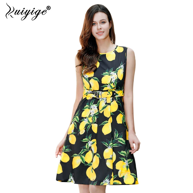 Ruiyige Для женщин Цветочный Винтаж Платье с принтом лимона 1950 S Sleeveles мини платье