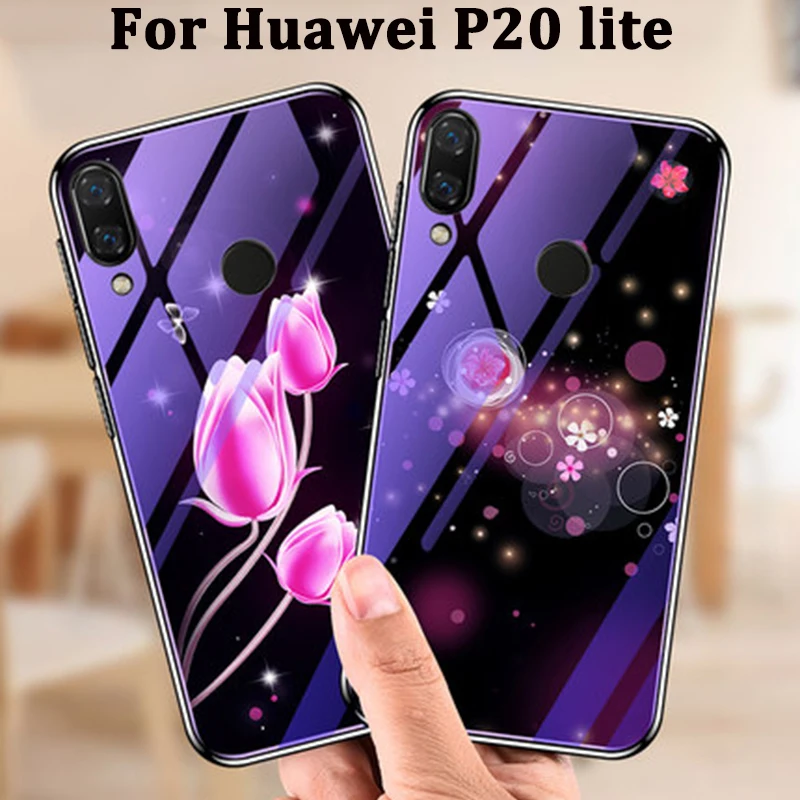 2 шт. для huawei P20 lite чехол Мода Мультфильм синий закаленное Стекло задняя крышка