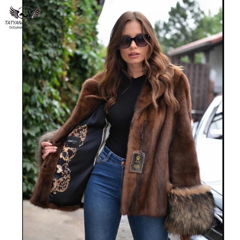 

Fashion Natural Mink Fur Jacket Women Luxury Whole Skin Genuine Mink Fur Coats With Raccoon Dog Fur Cuff Short Overcoats Female