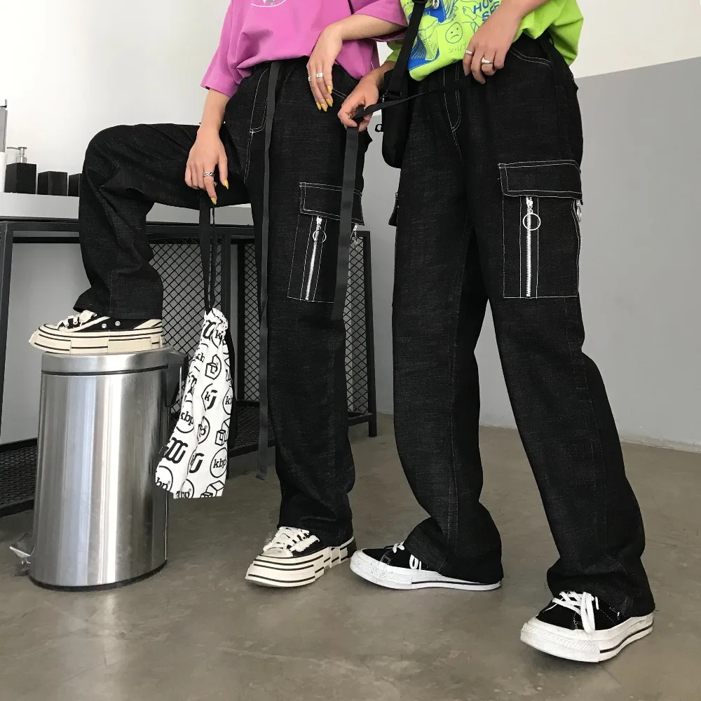 Осенние новые корейские vingate Harajuku уличные товары джинсы свободные с высокой талией Прямые брюки шикарный Досуг mopping хип-хоп женские брюки