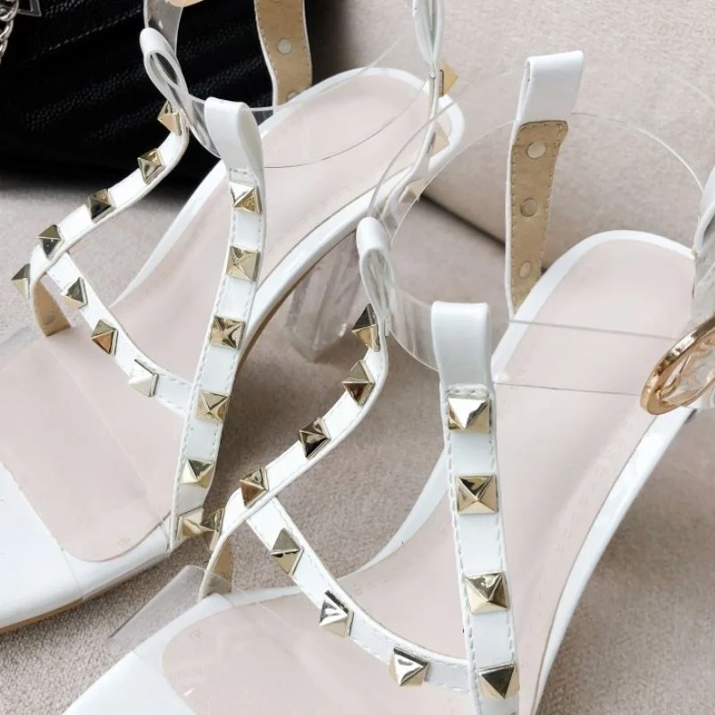 RIZABINA/босоножки с заклепками и пряжкой женские пикантные туфли на высоком каблуке