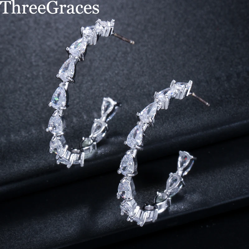 Threegraces капли воды кубического циркония круг стерлингового серебра 925 большие круглые серьги модные вечерние украшения для женщин ER109