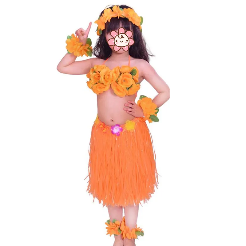 Hawaii Flower Lei, повязка на голову, ожерелье с гирляндой хула, повязка на ногу, юбка с травой, бюстгальтер, детский летний праздничный костюм для девочек