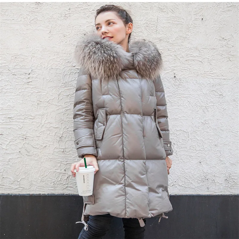 lovepeapomelo 2019 New Winter Leather Jacket Fur Collar Hooded Leather Down Jacket Female Long Down Leather Jacket 562