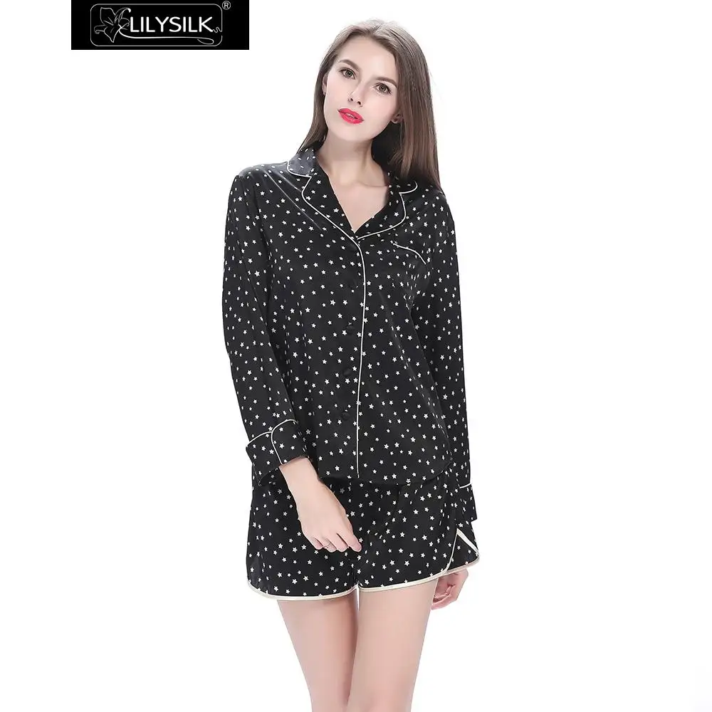 LilySilk Шелковый пижамный комплект для женщин 19 Momme черный с белыми шортами в