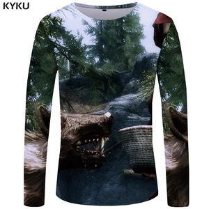 Мужская футболка с принтом волка KYKU, зеленая футболка с длинным рукавом и принтом джунглей, уличная одежда в стиле панк с принтом животных