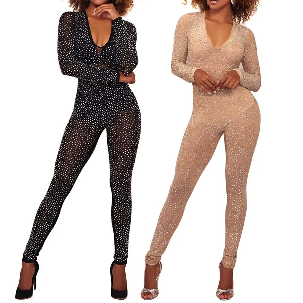 Женские облегающие комбинезоны полностью Стразы сексуальный прозрачный