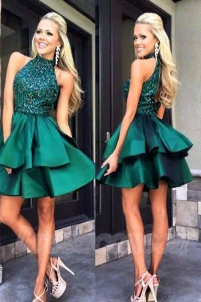 

Emerald Green Homecoming Dresses Sequins Lace High neck Backless Ruffle A-line Above,Mini Illusion Elegant Cocktail Dresses