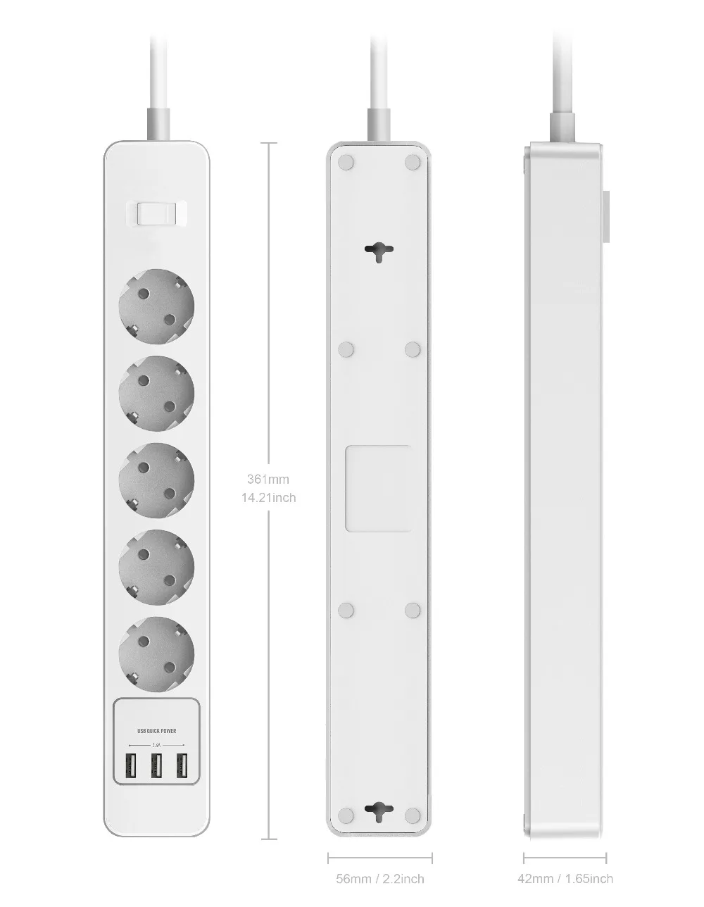 Сетевая розетка с европейской вилкой 5 розеток переменного тока 3 USB порта для