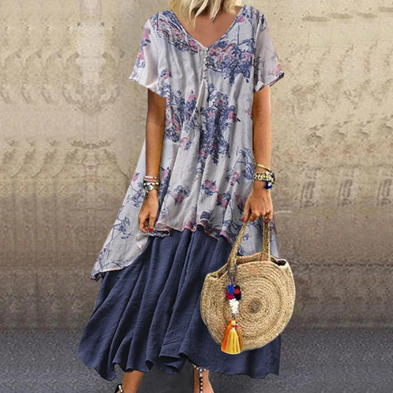 Свободное платье Летнее женское винтажное хлопковое и льняное с v образным