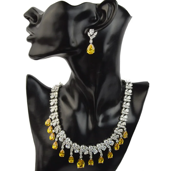 New arrival yellow/golden zircon stone bridal wedding necklace earring jewelry set high quality luxury | Украшения и аксессуары