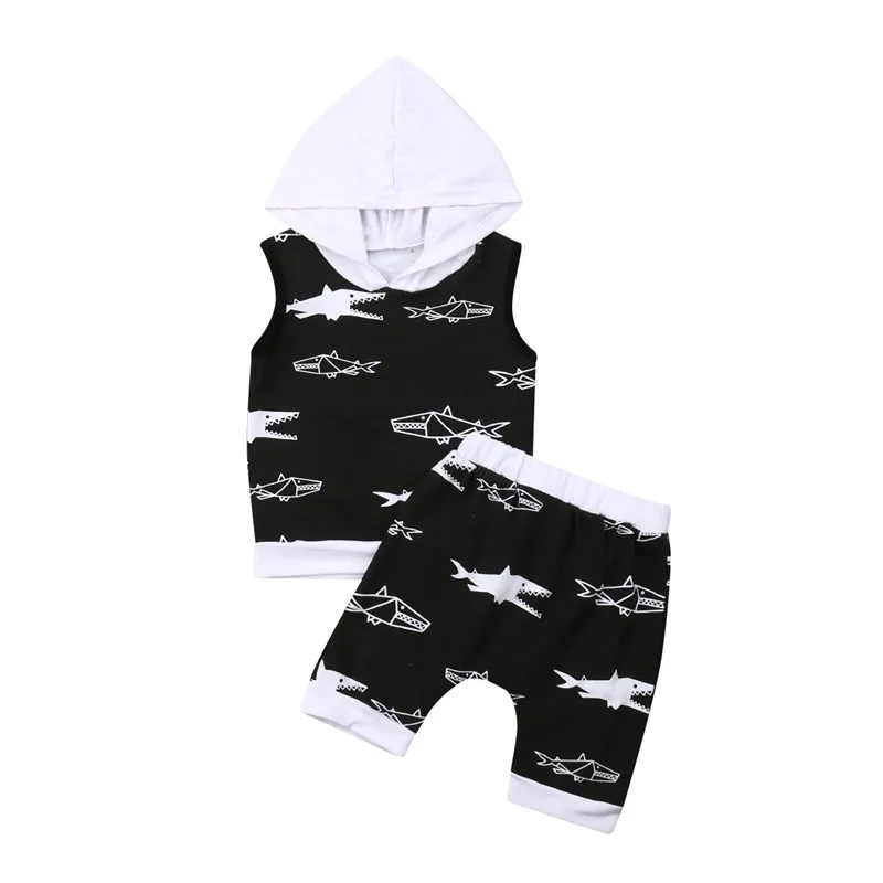 Fashion Summer Kids Baby Boy Outfits Shark Printed 2Pcs Sleeveless Hooded Vest+Elastic Waist Shorts Cotton Clothes Sets 1-6Y | Детская