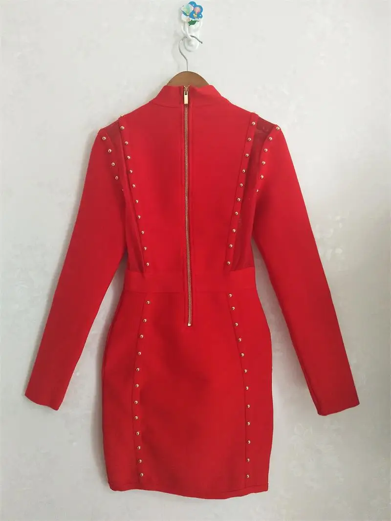 

Red Black Long Sleeve Bandge Dresses Autumn Winter O-Neck Rivet Sexy Mesh Patchwork Party Club Women Bodycon Dress Vestidos