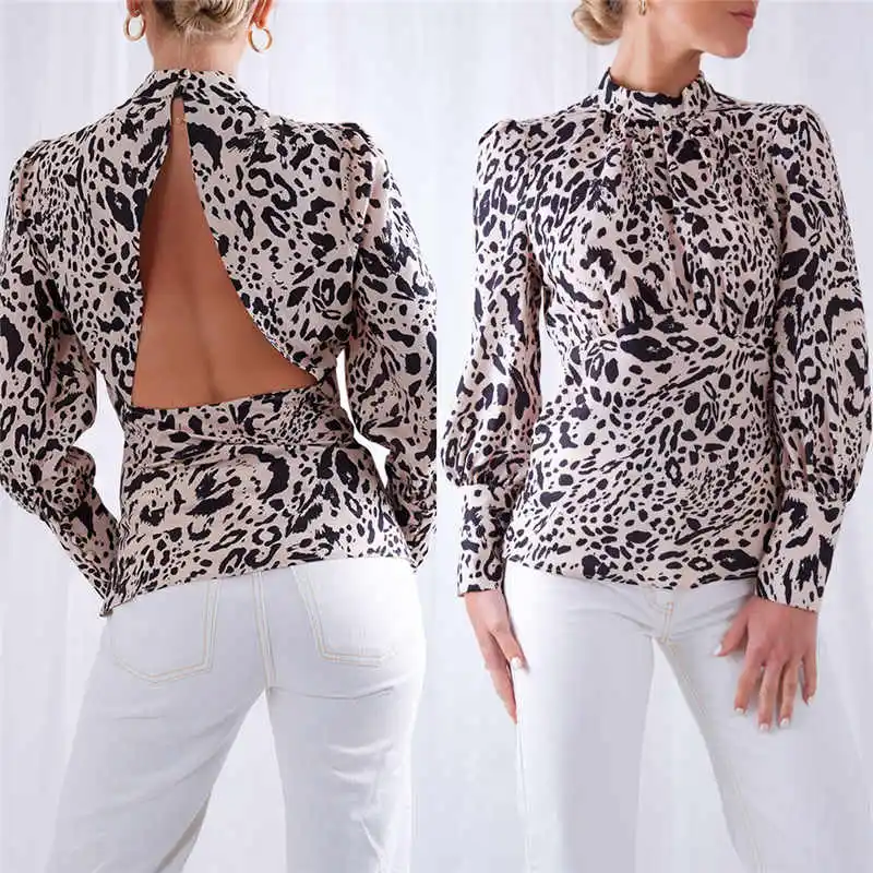 

hirigin Women backless Casual Printed Long Sleeve Blouses female Leopard new hollow out Turtleneck Tops ladies Fashion shirts