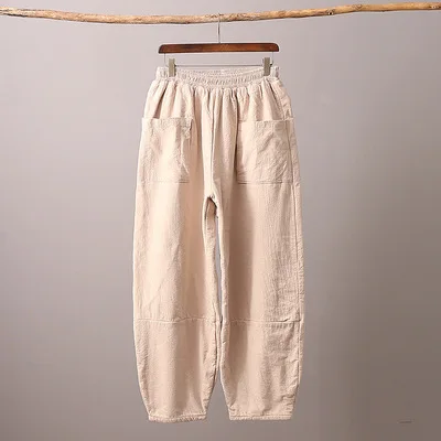 linen color New women big size ramie trousers winter cotton linen wide pants cotton padded warm bottom top quality clothes for women - Цвет: linen color