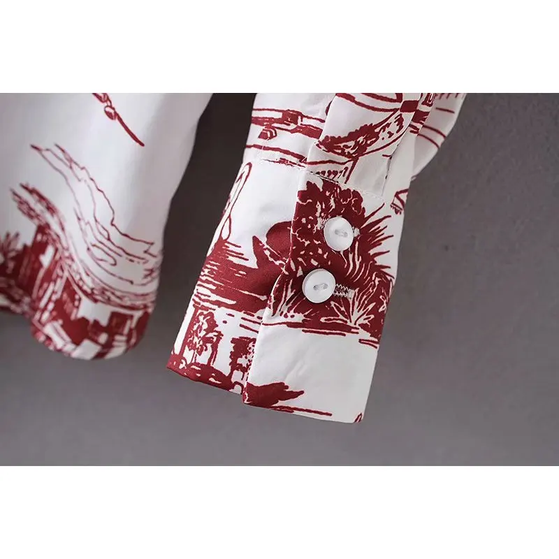 Осень 2018 новый для женщин Элегантный пейзаж печати Длинные Блузки малышек с