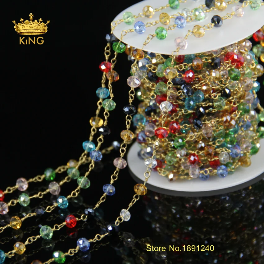 5 метров красочные стеклянные граненые бусины Rondelle позолоченные четки стиль