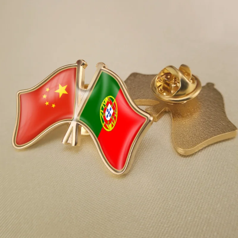 

China and Portugal Crossed Double Friendship Flags Lapel Pins Brooch Badges