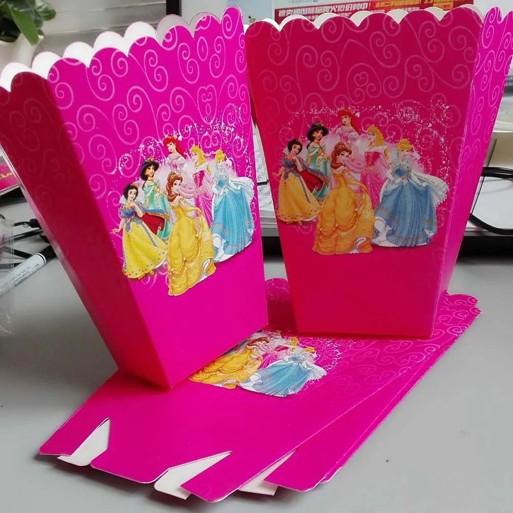 Popcorn box 6pcs Дисней шесть принцесса принадлежности для тематической вечеринки тарелка чашки соломинки флаг скатерти коробка конфет Ножи Ложки салфетки День рождения украшения - Цвет: Popcorn box 6pcs