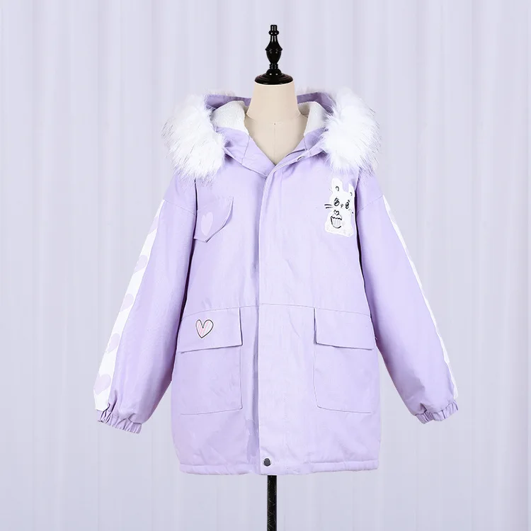 Kawaii кролик милый розовый& Lavendar милый Женская парка пальто зима теплая Лолита верхняя одежда с капюшоном куртка меховая отделка