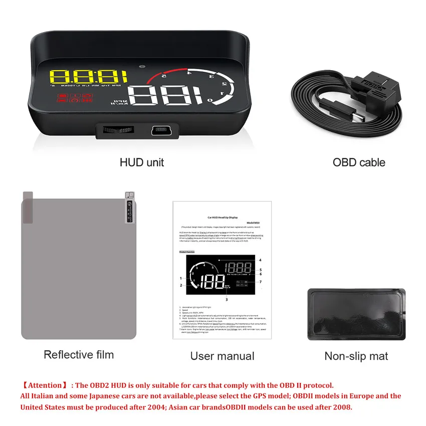 

M10 Car HUD OBD II OBD2 Auto Windshield Head Up Display Projector KM/H MPH Overspeed Warning System Water Temp Voltage Alarm