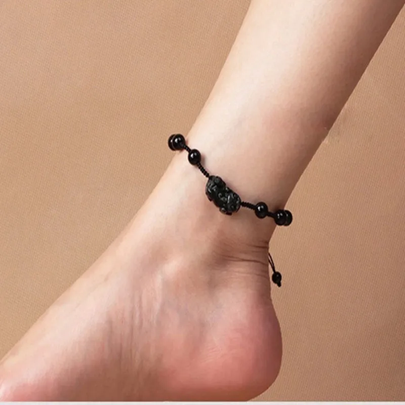 

Natural Black Obsidian Stone Ankle Chain Carved PIXIU Anklet Foot Chain Bracelet Foot Anklets Women Lover's Jades Jewelry