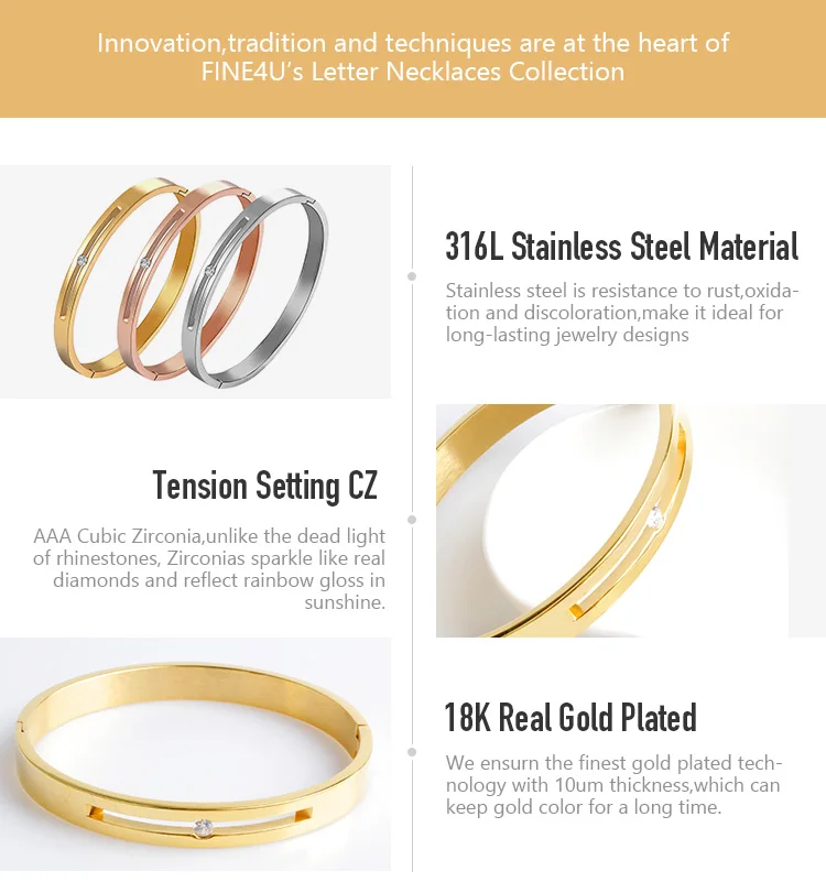 New FINE4U B047 316L Stainless Steel Cuff Bracelet For Women Tension Setting CZ Bracelets& Bangles 3 Colors Choices
