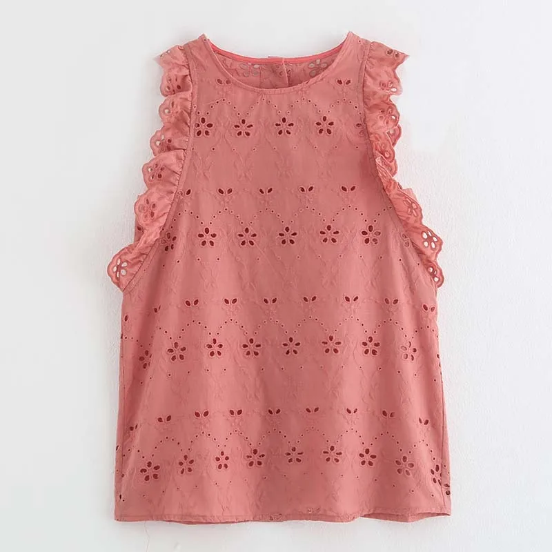 

YNZZU 2019 Summer pink sleeveless women tops Ruffles loose chis back single breasted lady T shirt New arrival embroidery tops YT