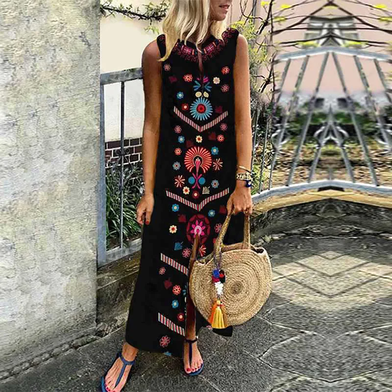 Женское платье макси с принтом Boho летнее тонкое сексуальное пляжное без рукавов