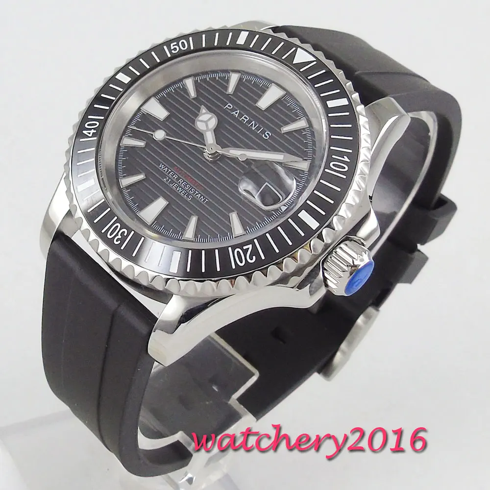 Новое поступление мужские часы PARNIS с черным циферблатом сапфировым стеклом