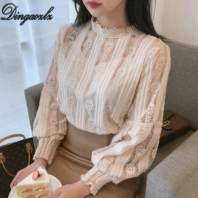 Dingaozlz blusas femininas, элегантная женская блузка с рукавом-фонариком, кружевные топы, повседневная женская блузка, рубашка