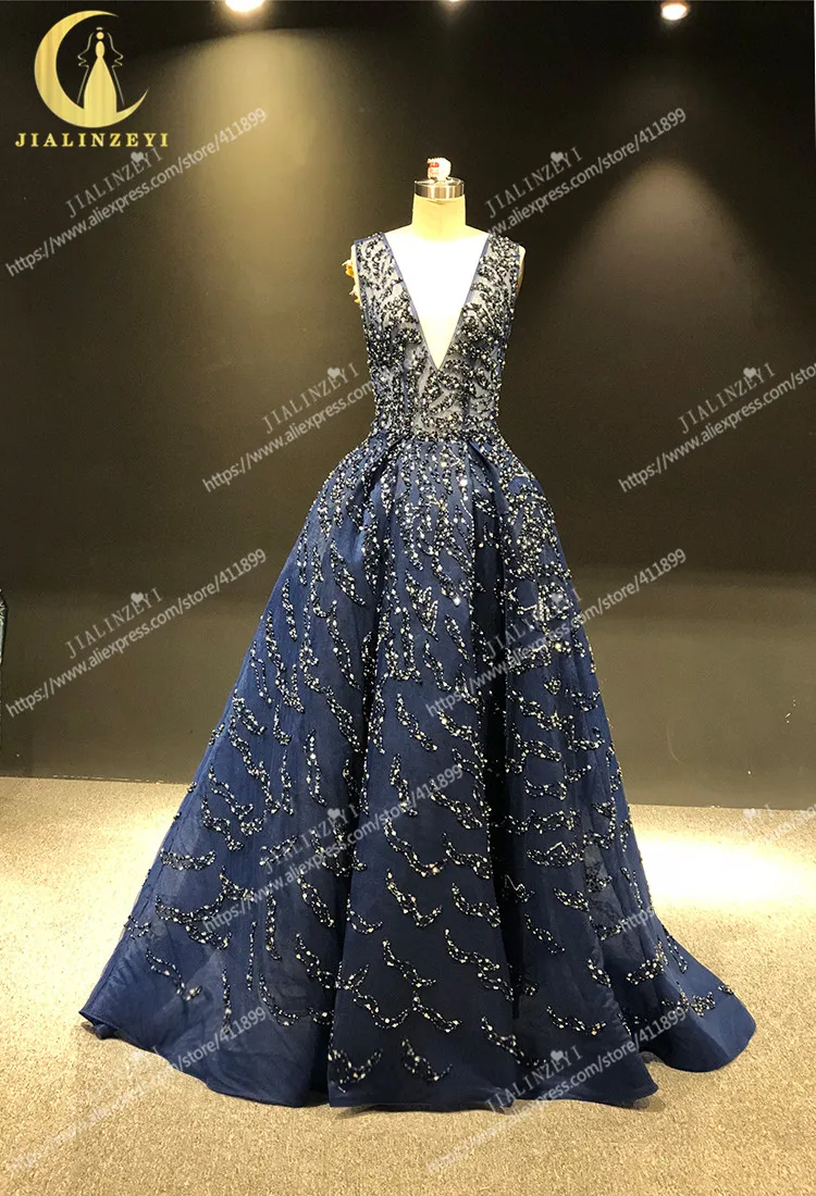 JIALINZEYI роскошные темно синие Серебристые бусины Zuhair Murad сексуальные формальные