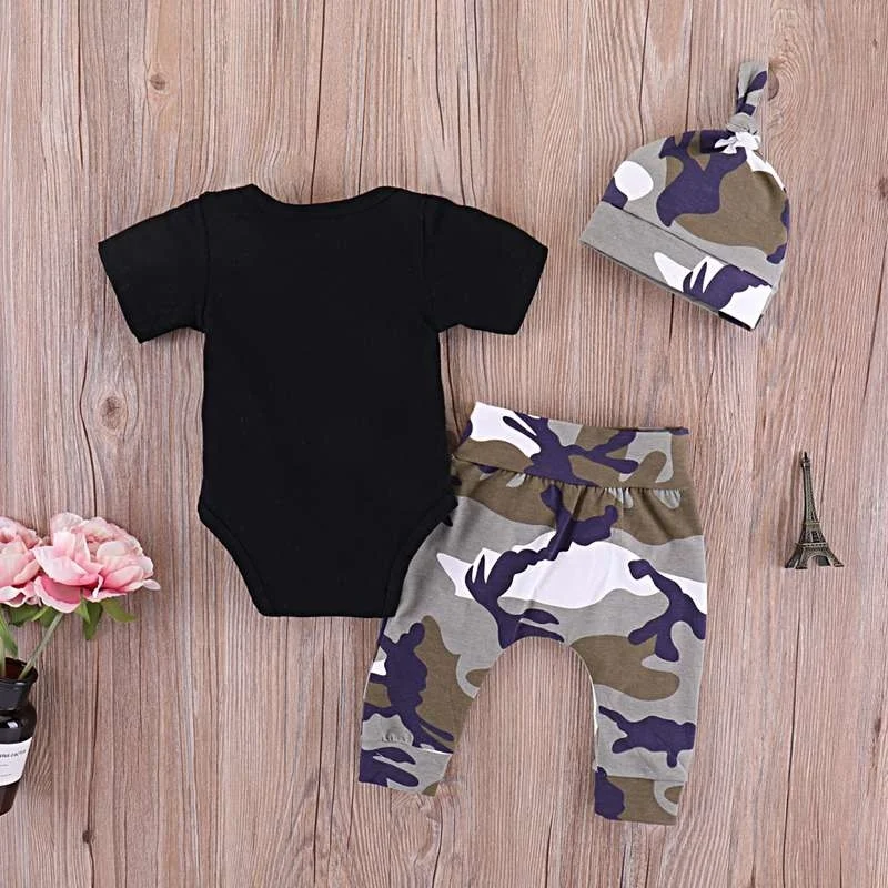 Newborn Infant Baby Boy Clothes Letter Romper Tops+Camo Pants+Hat Outfit Set Kids 3pcs Clothin |