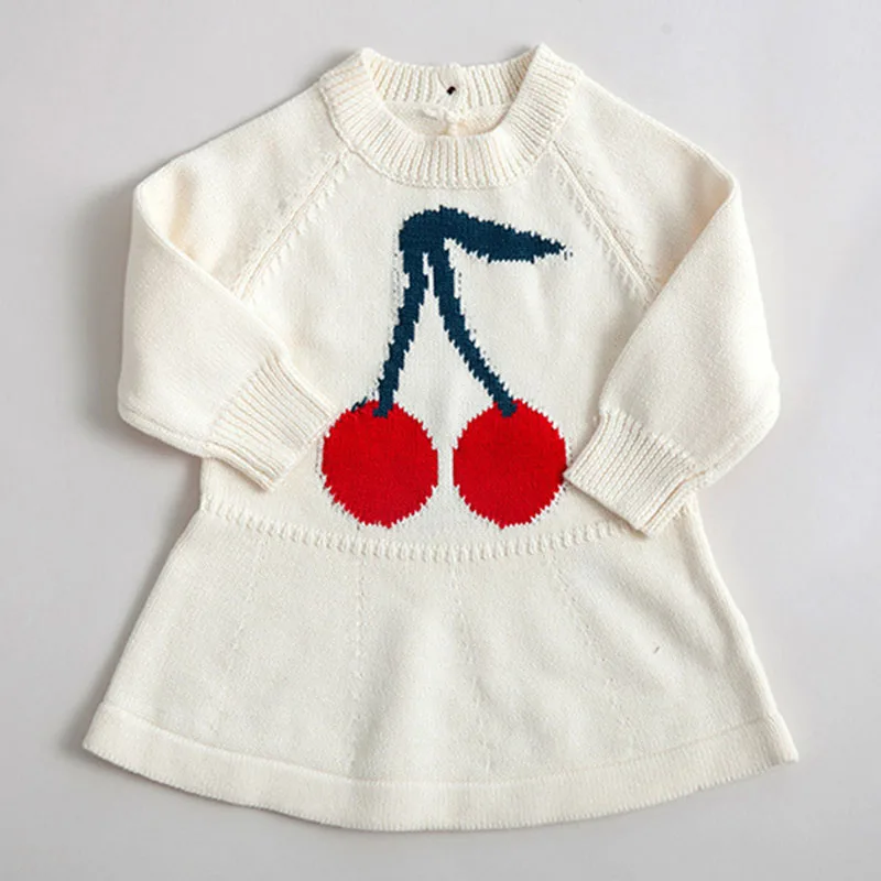 2019 Spring Autumn Casual Cherry Printing Sweater Baby Girls Dress Kids Princess Pure Cotton Long Sleeve Children Clothes | Детская