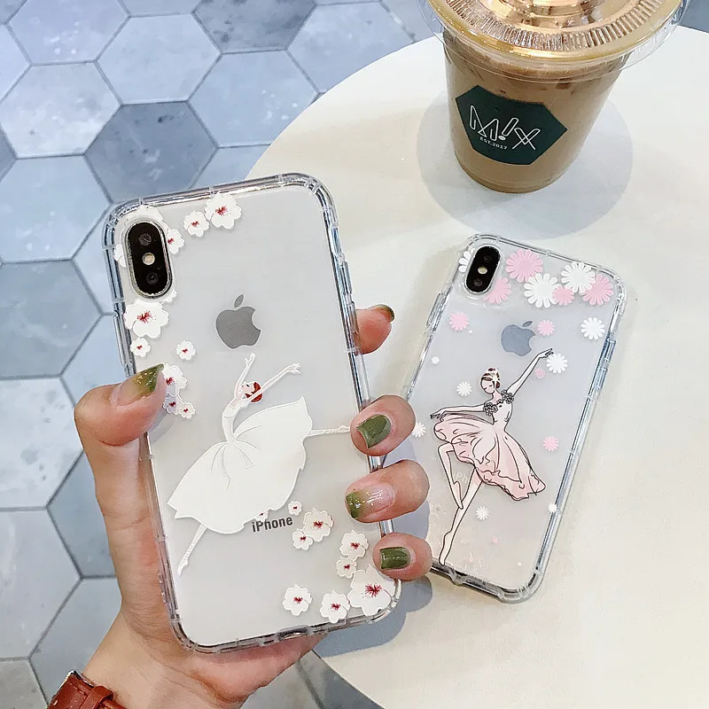 Mouplayca for iPhone 6 6s 7 8 plus X phone cases Lovely cartoon ballet girl pattern Anti-knock soft TPU back cover Coque |