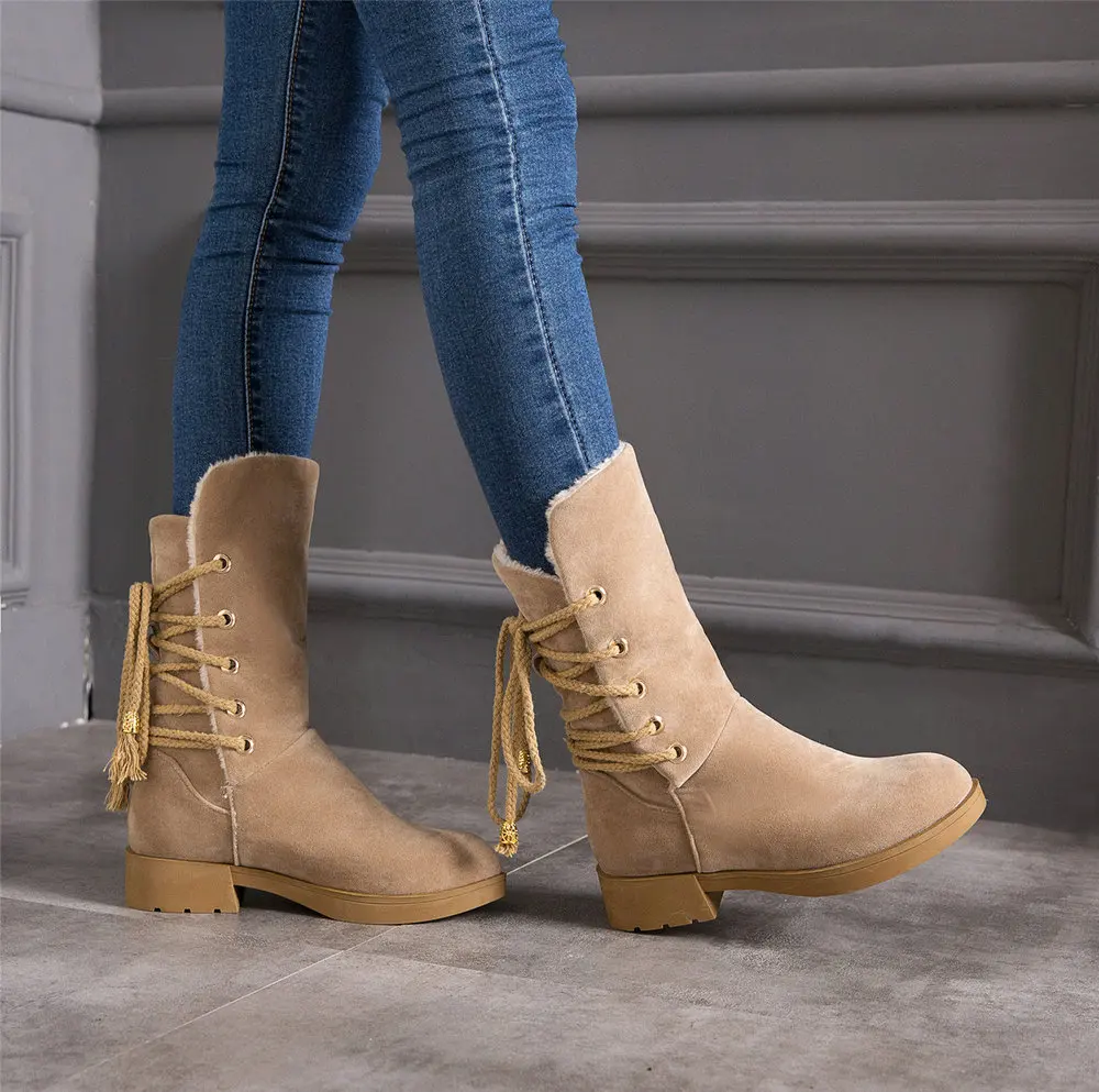 AIWEIYi Mid-calf Boots for Women Flock Round toe Square Heel Low Heels Martin Lace Up Warm Fur Snow | Обувь